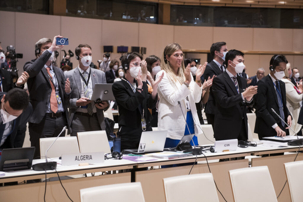 Delegates at the First Meeting of States Parties to the TPNW applaud adoption of the Vienna Action Plan.