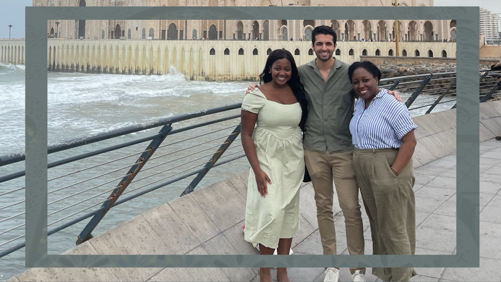 two students and clinician stand outside in Morocco