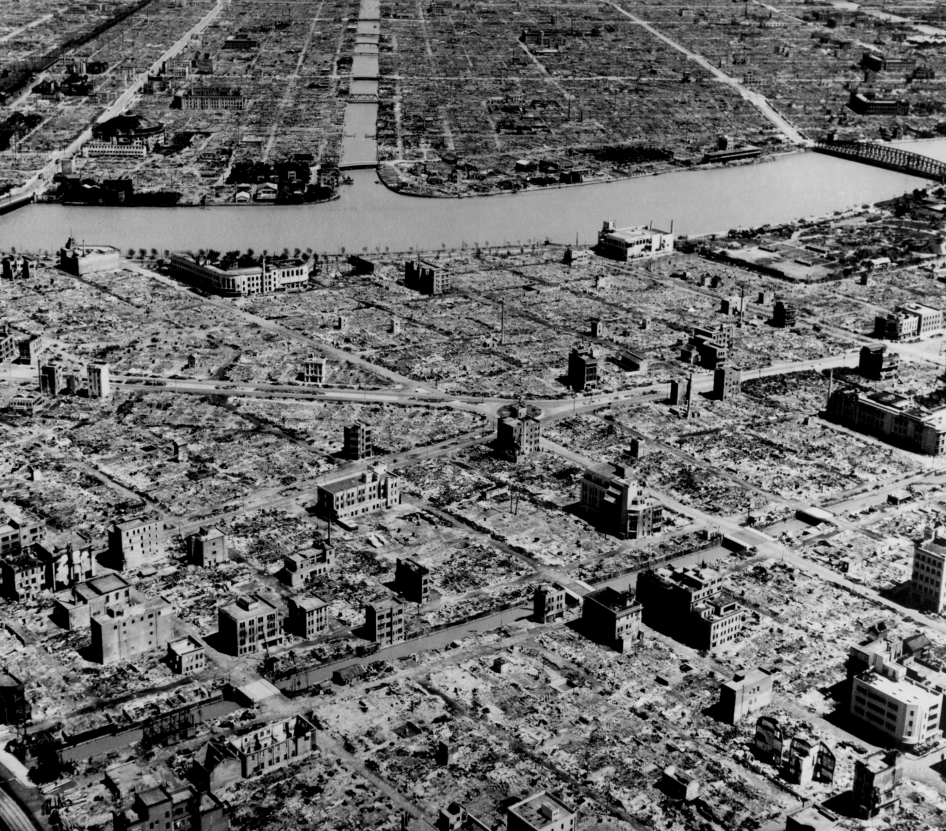 Aerial photo of burned buildings in an industrial neighborhood in Tokyo, taken after the US firebombing of the city in March 1945.